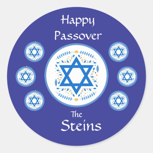 Happy PASSOVER Blue Star of David NAME ラウンドシール (正面)
