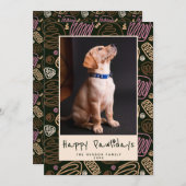 Happy Pawlidaysピンクブラックワンラインペットフォト シーズンカード (正面/裏面)