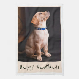 Happy Pawlidays おもしろい Pun Pet Photo キッチンタオル