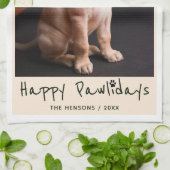 Happy Pawlidays おもしろい Pun Pet Photo キッチンタオル (折り畳み)