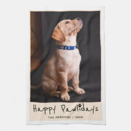 Happy Pawlidays おもしろい Pun Pet Photo キッチンタオル