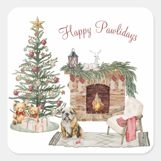 Happy Pawlidays Dog Design – 英語ブルドッグ スクエアシール (正面)