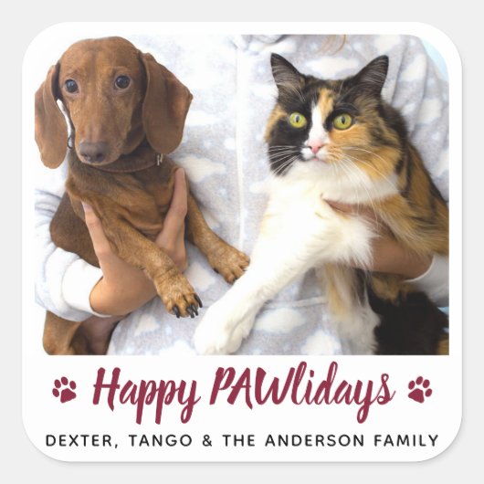 Happy PAWlidays Dog Lover Cat Pet Photo Christmas スクエアシール (正面)