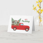 Happy Pawlidays French Bulldogs Red Pickup Truck カード (黄色い花)