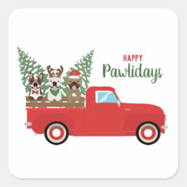 Happy Pawlidays French Bulldogs Red Pickup Truck スクエアシール