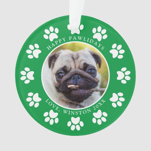 Happy Pawlidays Puppy Dog Pawsクリスマスフォト オーナメント (正面)