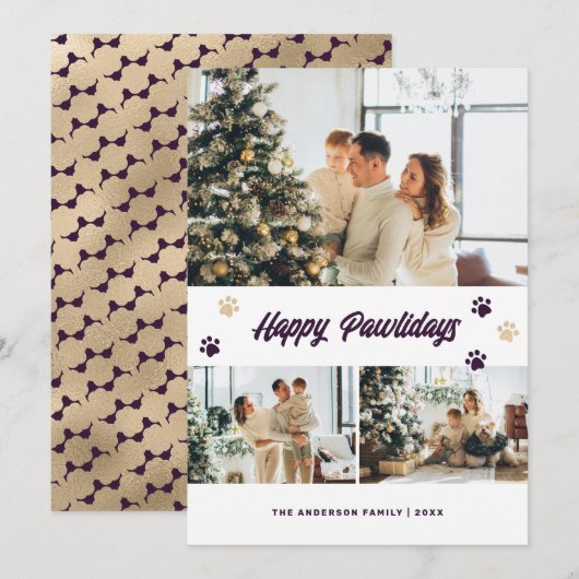 Happy Pawlidays Purpleモダン金ゴールド写真 シーズンカード (正面/裏面)