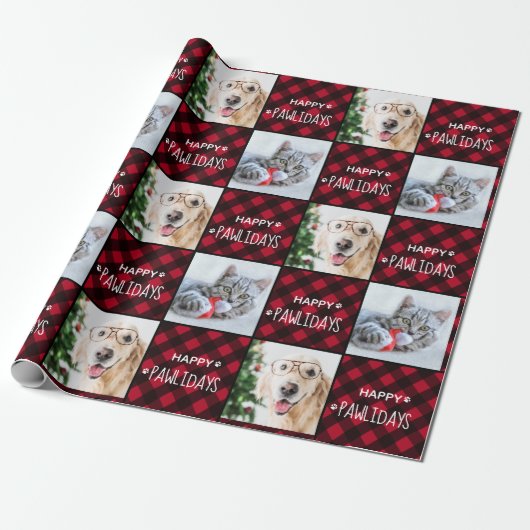 Happy Pawlidays Red Buffalo Plaid カスタム2写真 ラッピングペーパー (アンロールド)