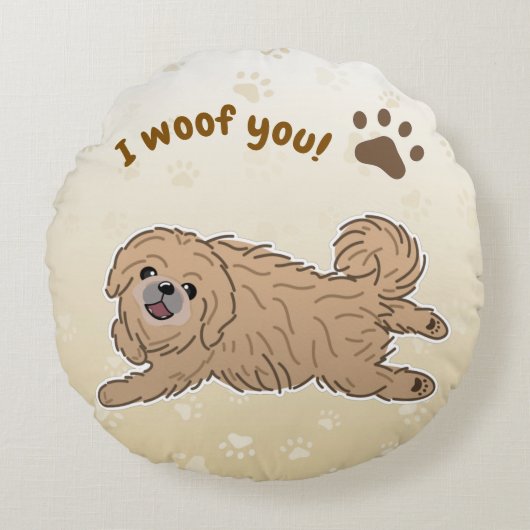 Happy Pekingese Dog Lover I Woof You Paws ラウンドクッション (正面)