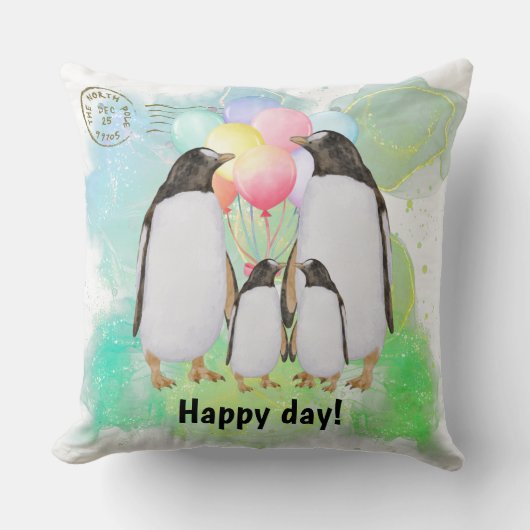 Happy penguin family with colorful balloons クッション (正面)