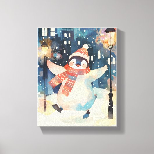 Happy Penguin – Winter Watercolor Nursery Wall Art キャンバスプリント (正面)