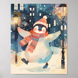 Happy Penguin – Winter Watercolor Nursery Wall Art ポスター