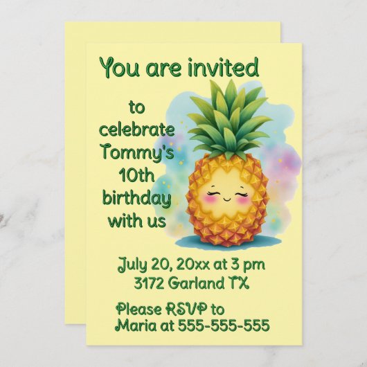 Happy Pineapple Birthday Party Invitation 招待状 (正面/裏面)
