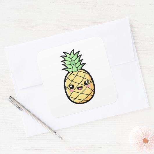 Happy Pineapple – Cute Kawaii Illustration スクエアシール (封筒)