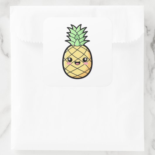 Happy Pineapple – Cute Kawaii Illustration スクエアシール (バッグ)