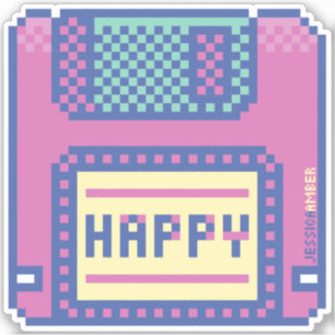 Happy Pink Blue Pixel Art 90sフロッピーディスクステッカー シール
