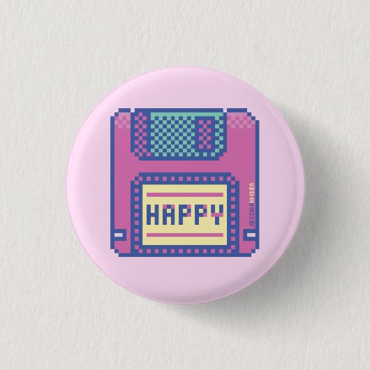 Happy Pink Blue Pixel Art 90sフロッピーディスク 缶バッジ (正面)