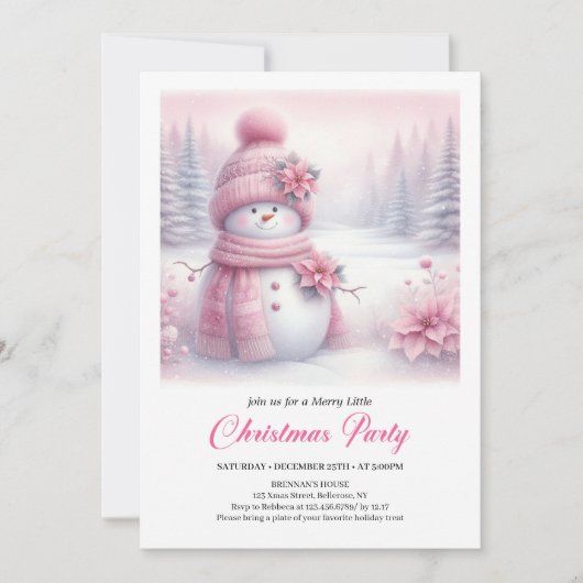 Happy Pink Coquette Snowman Editable Christmas  招待状 (正面)