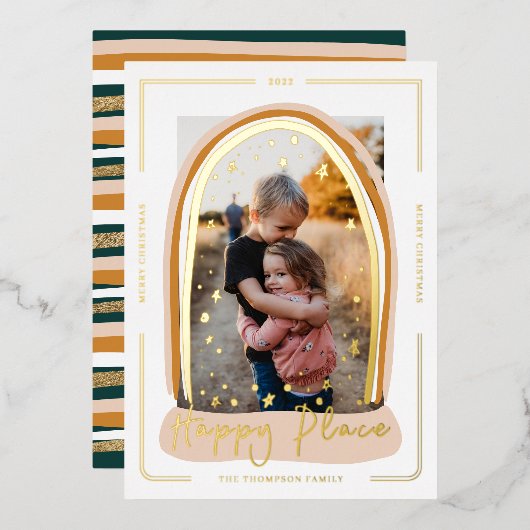 Happy Place モダン Snow Globeクリスマスフォト 箔シーズンカード (正面/裏面)