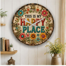 Happy Place Floral Cheerful Country Home Gift ラージ壁時計