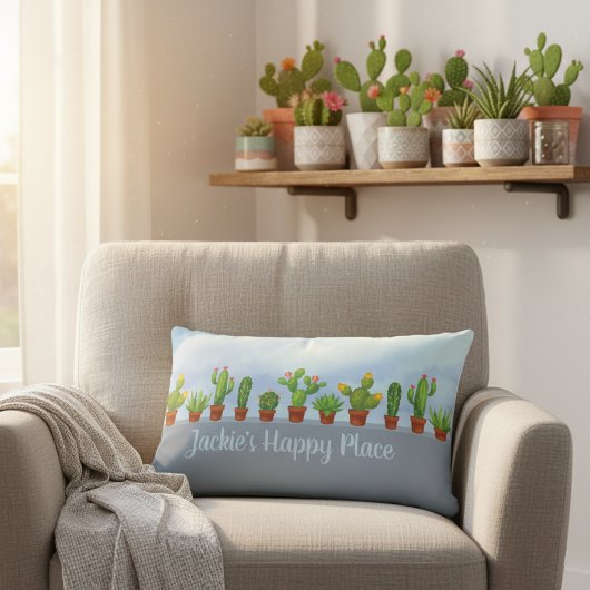 Happy Place Personalized Cactus Lover's Decorative ランバークッション