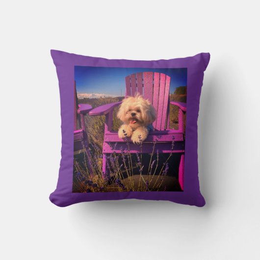 Happy Playful Shih Tzu Puppy Smiles Among Flowers クッション (正面)