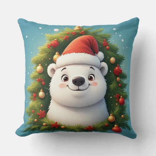 Happy Polar Bear in Santa Hat クッション (正面)