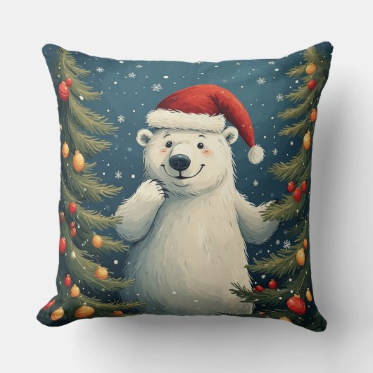 Happy Polar Bear in Santa Hat クッション (正面)
