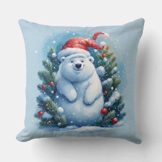 Happy Polar Bear in Santa Hat クッション (正面)
