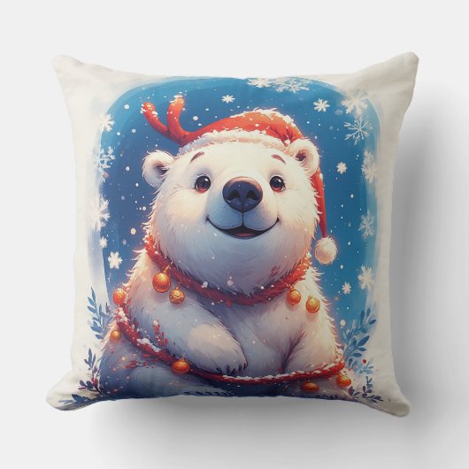 Happy Polar Bear in Santa Hat クッション (正面)