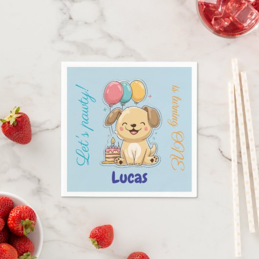 Happy Puppy, Boy, Let's Pawty, 1歳の誕生日 スタンダードカクテルナプキン (インサイチュ)