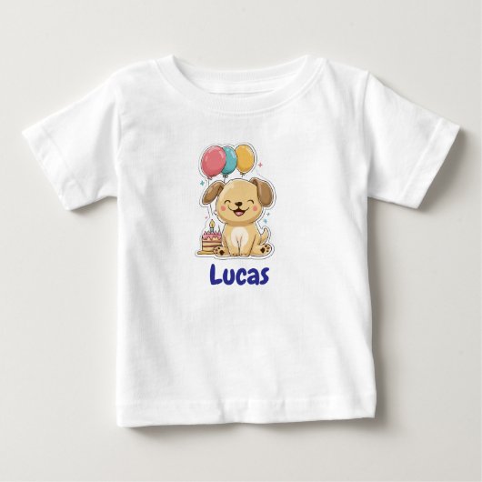 Happy Puppy, Boy, Let's Pawty, 1歳の誕生日  ベビーTシャツ (正面)