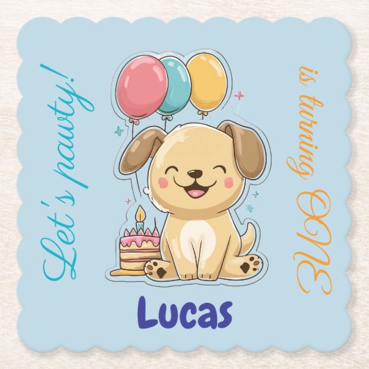 Happy Puppy, Boy, Let's Pawty, 1歳の誕生日 ペーパーコースター (正面)