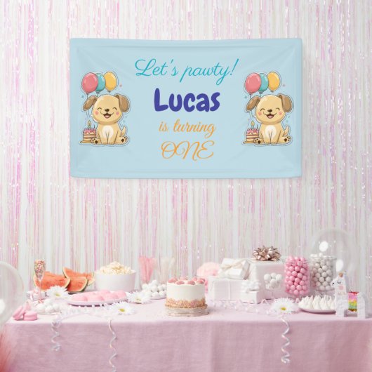 Happy Puppy, Boy, Let's Pawty, 1歳の誕生日 横断幕 (パーティー)