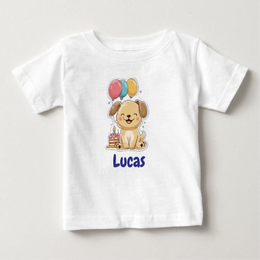 Happy Puppy, Boy, Let's Pawty, 1st Birthday  ベビーTシャツ (正面)