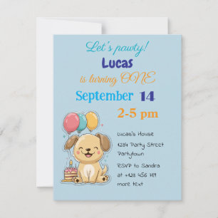 Happy Puppy, Boy, Let's Pawty, 1st Birthday 招待状