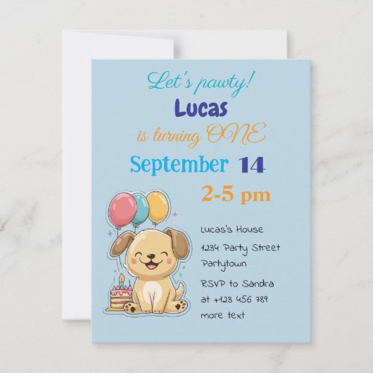 Happy Puppy, Boy, Let's Pawty, 1st Birthday  招待状 (正面)