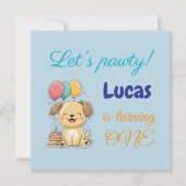 Happy Puppy, Boy, Let's Pawty, 1st Birthday Card 招待状 (正面)