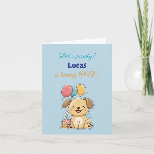 Happy Puppy, Boy, Let's Pawty, 1st Birthday, Card, 招待状 (正面)
