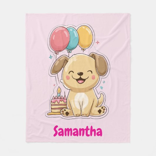 Happy Puppy, Girl, 1st Birthday Gift, Personalized フリースブランケット (正面)