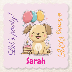 Happy Puppy, Girl, Let's Pawty, 1st Birthday  ペーパーコースター