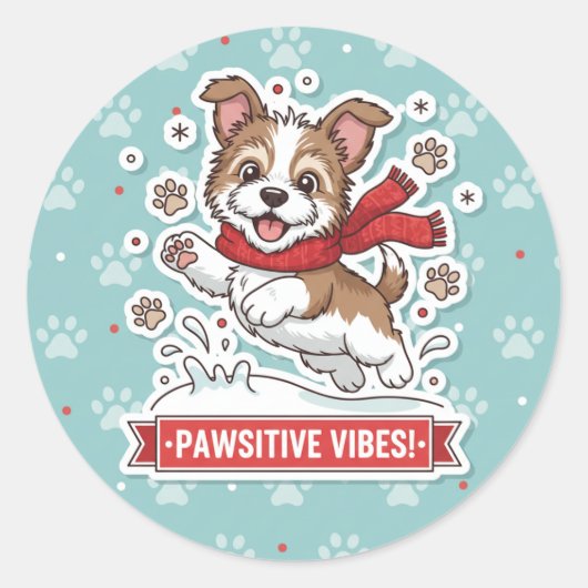 Happy Puppy Winter Snow Sticker ラウンドシール (正面)