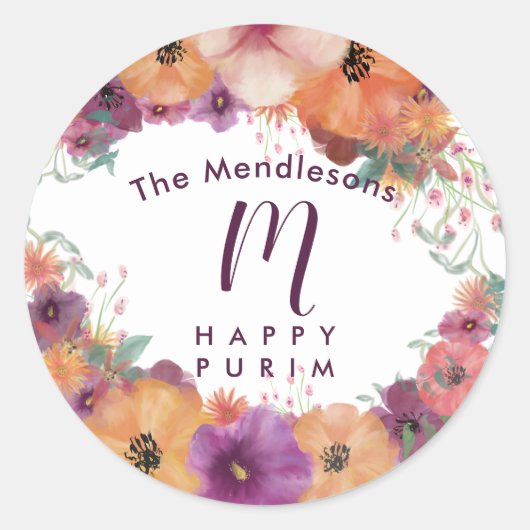 Happy Purimカラフルフローラシール ラウンドシール (正面)
