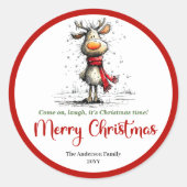 Happy quirky reindeer sticker red green artwork ラウンドシール (正面)