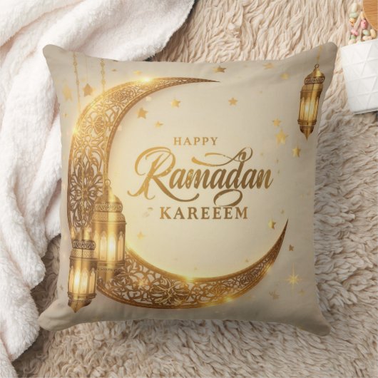 Happy Ramadan Kareem Golden Moon Pillow クッション (ブランケット)