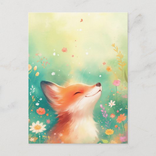 Happy Red Fox in Ethereal Spring Meadow ポストカード (正面)