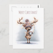 Happy reindeer holds hot mug, Christmas ポストカード (正面/裏面)