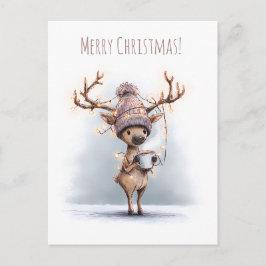 Happy reindeer holds hot mug, Christmas ポストカード