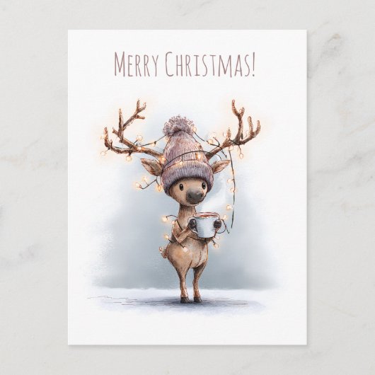 Happy reindeer holds hot mug, Christmas ポストカード (正面)