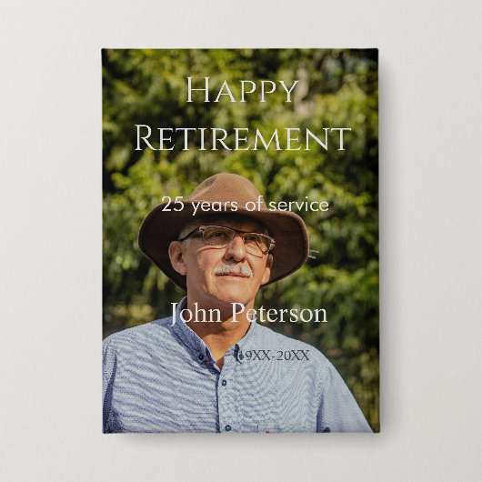 happy retiment photo name year of service 缶バッジ (正面)